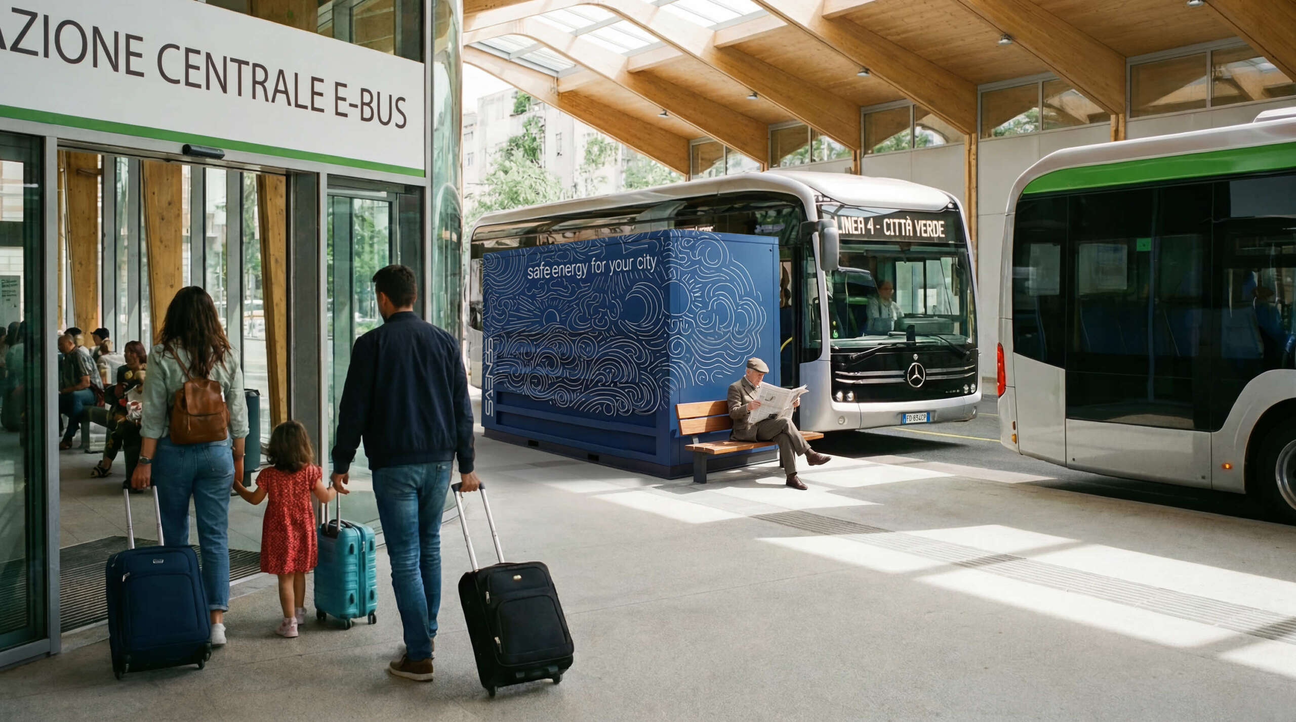 Stazione dei bus con molti passanti, particolare di un anziano seduto a fianco di un'installazione Safe Bess Saenss
