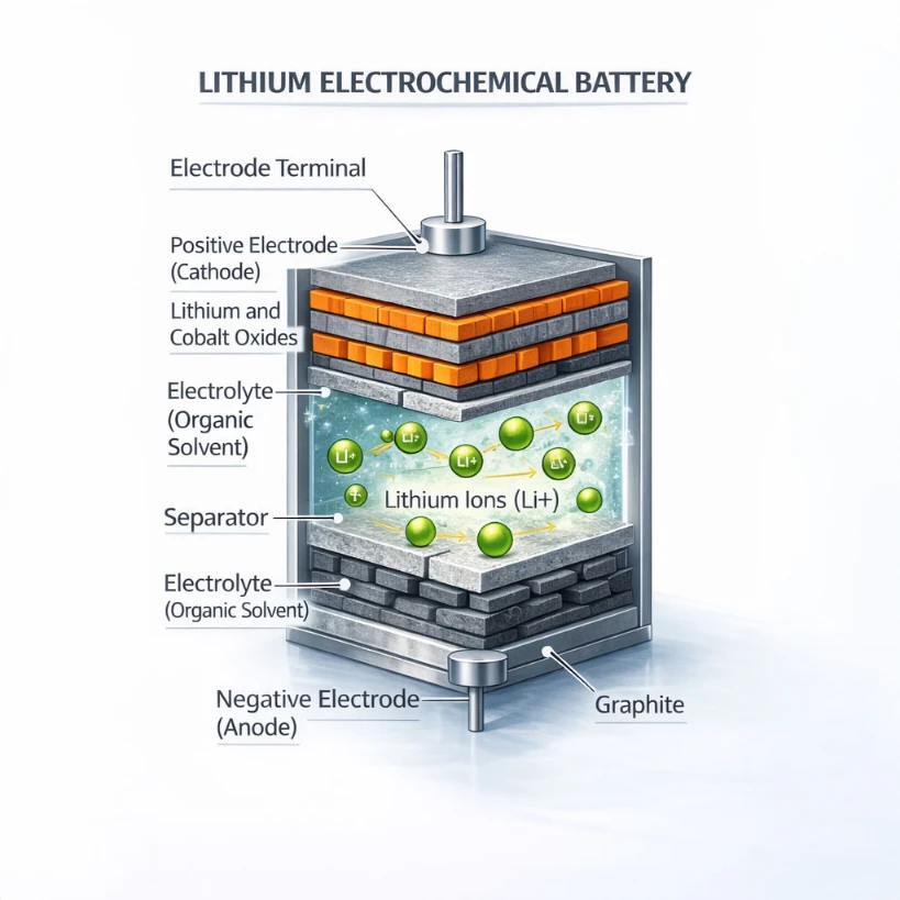 batteria al litio con i suoi vari componenti